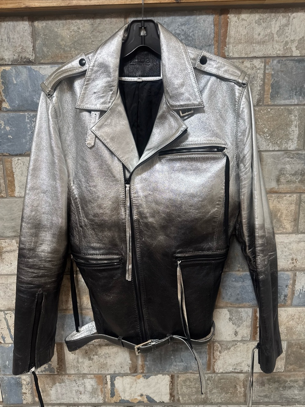Doce Cero Tres Silver-to-Black Ombre Leather Biker Bomber Jacket